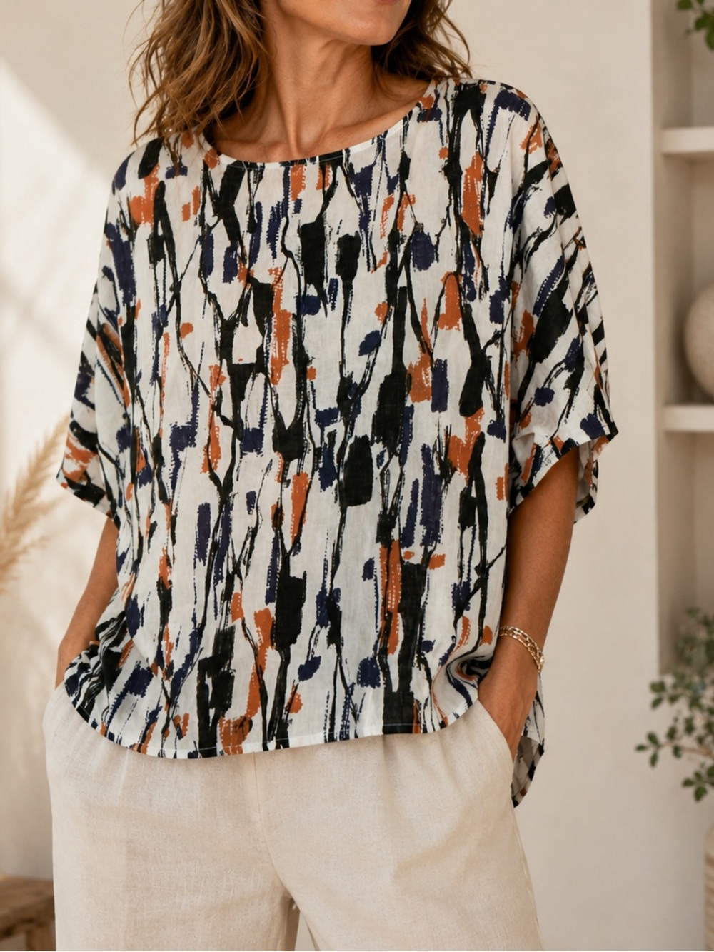 Made In Italy Linen Tunic Top White Black, Orange & Blue Abstract Print